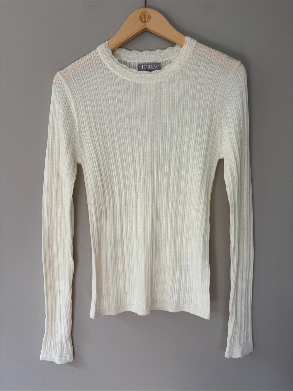 J. Crew Layered Pointelle Sweater Tee Ribbed‎ Scallop-Edge Medium Ivory Cream